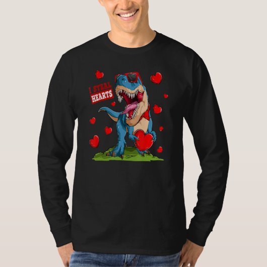 Valentines Day Dinosaur I Steal Hearts Boys Men Lo Tシャツ (正面)