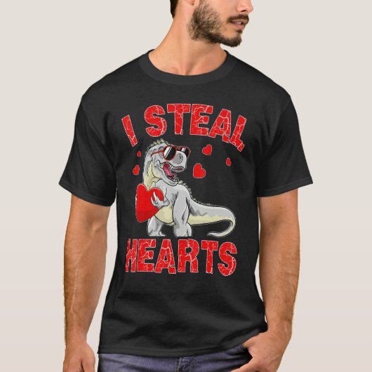 Valentines Day Dinosaur I Steal Hearts Boys Men Lo Tシャツ (正面)