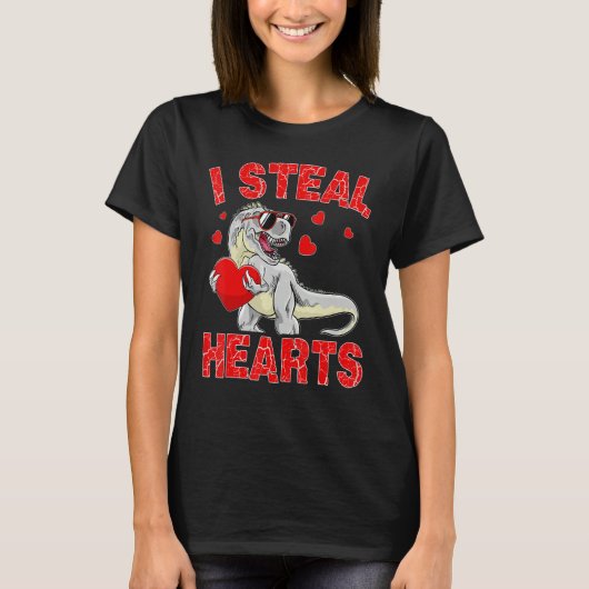 Valentines Day Dinosaur I Steal Hearts Boys Men Lo Tシャツ (正面)