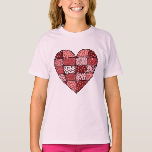 Valentine's Day Doodle Art Patchwork Heart Kids Tシャツ (正面)