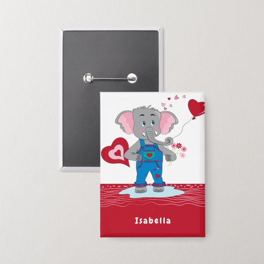 Valentine's Day Elephant Red and White Kid Button 缶バッジ (正面/裏面)