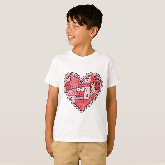 Valentine's Day Faux Patchwork Heart Doodle Kids Tシャツ (正面フル)