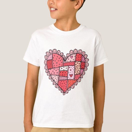 Valentine's Day Faux Patchwork Heart Doodle Kids Tシャツ (正面)