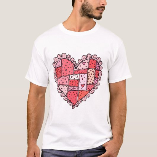 Valentine's Day Faux Patchwork Heart Doodle Style Tシャツ (正面)