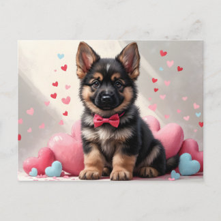 Valentine's Day German Shepherd Puppy with Hearts シーズンポストカード
