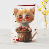 Valentine's Day Ginger Cat Basket Hearts  カード (黄色い花)