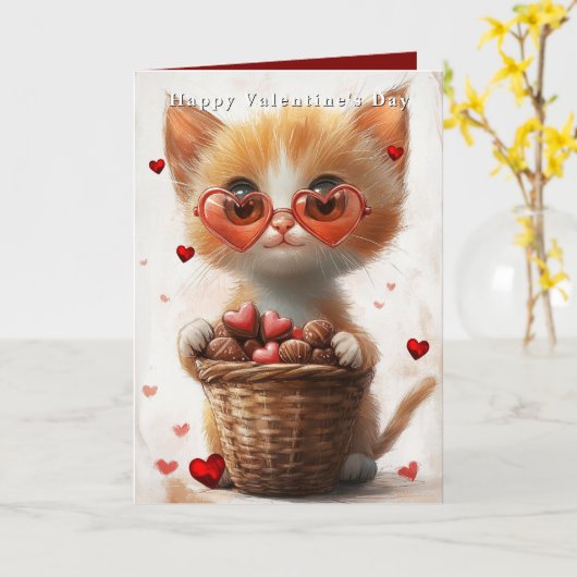 Valentine's Day Ginger Cat Basket Hearts  カード (黄色い花)