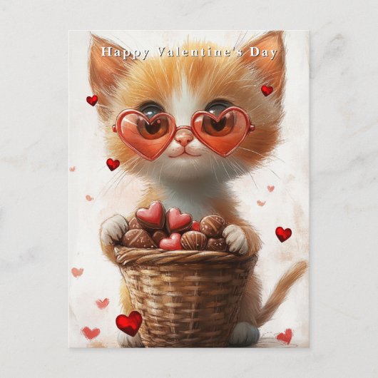 Valentine's Day Ginger Cat Basket Hearts  ポストカード (正面)