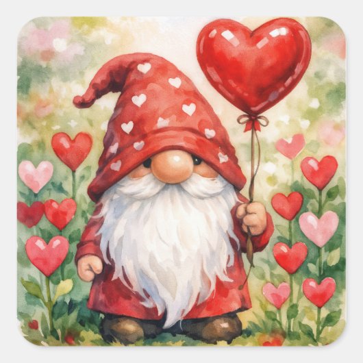 Valentine's Day Gnome with Red Heart Balloon スクエアシール (正面)