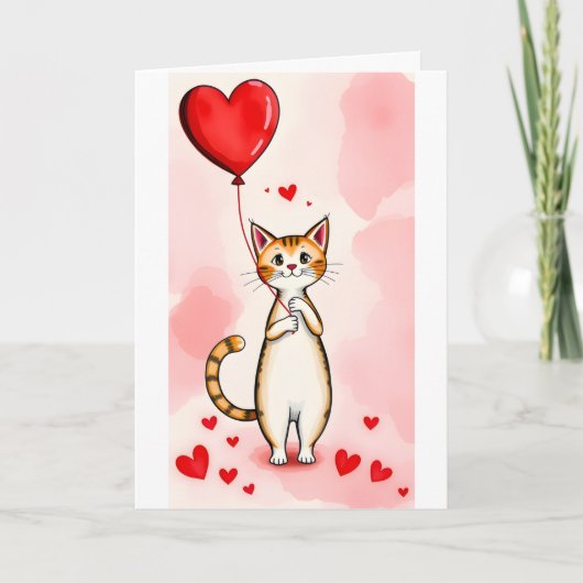 Valentine's Day Greeting Card Cat Red Hearts  シーズンカード (正面)