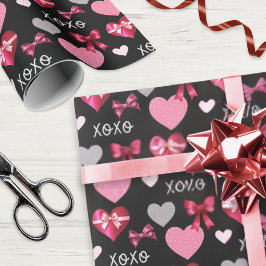Valentine's Day Hearts and Ribbons Pink Red Black ラッピングペーパー