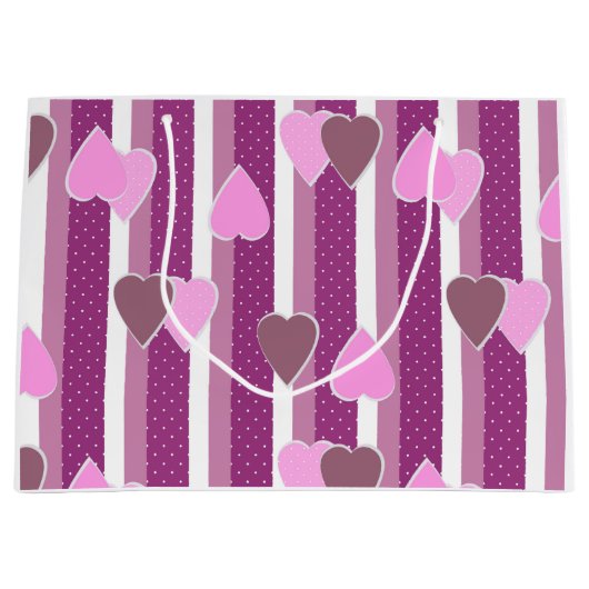 Valentine's Day hearts on striped background  ラージペーパーバッグ (正面)