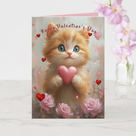 Valentine's Day Kitten Red Hearts Pink Roses カード (蘭)