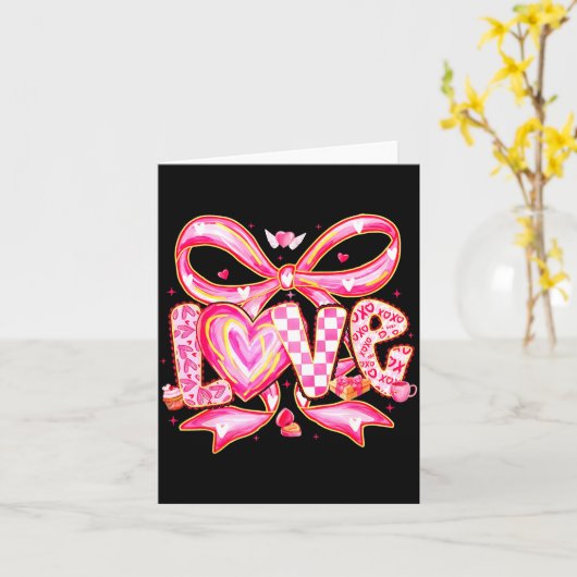 Valentines Day Love Funny Coquette Bow Checkered X カード (黄色い花)