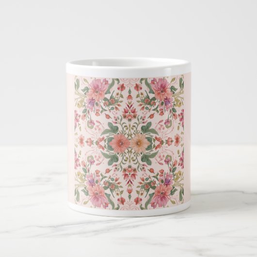 Valentine's Day, Lovely Pink Flowers Pattern  ジャンボコーヒーマグカップ (正面)