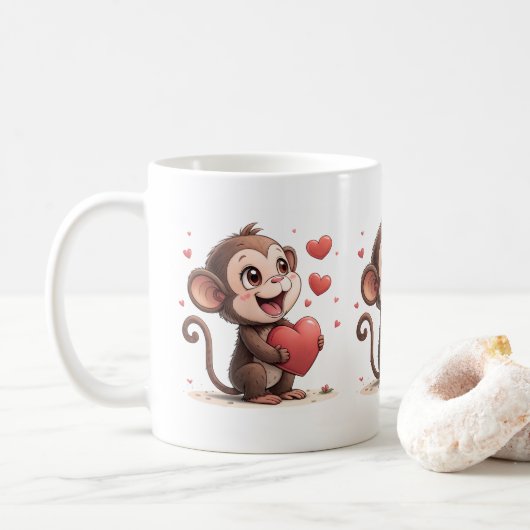 Valentine's Day Monkey Red Hearts Mugs コーヒーマグカップ (ドーナツ)