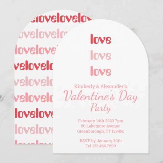 Valentine's Day Party Pink and Red typography 招待状 (正面/裏面)