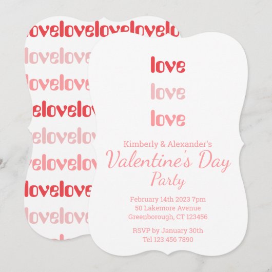 Valentine's Day Party Pink and Red typography 招待状 (正面/裏面)