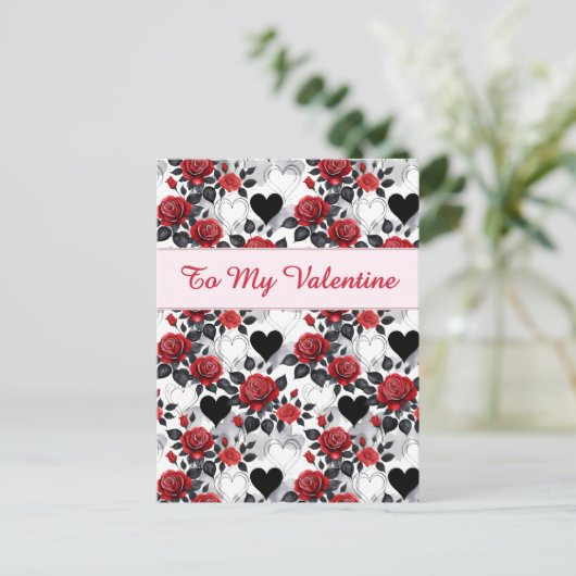 Valentine's Day Patterned Roses and Hearts ポストカード (スタンド正面)