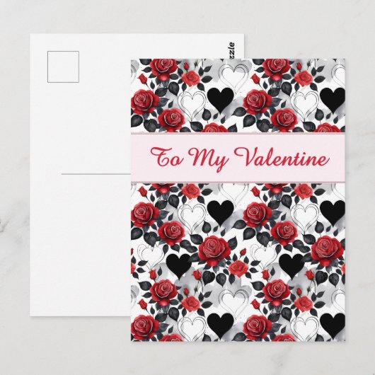 Valentine's Day Patterned Roses and Hearts ポストカード (正面/裏面)