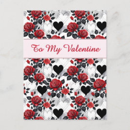 Valentine's Day Patterned Roses and Hearts ポストカード