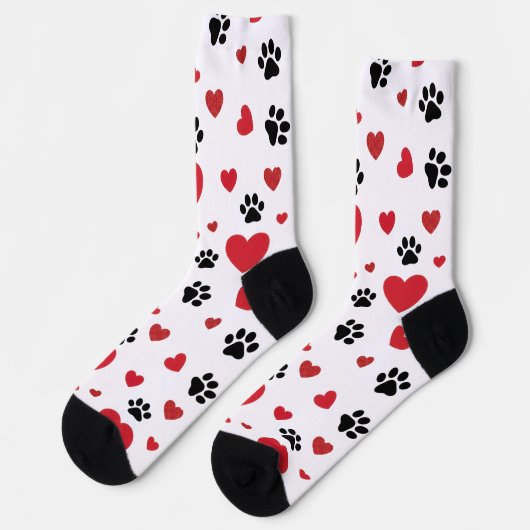 Valentine's Day Paw Prints and Red Hearts Pattern  ソックス (左)