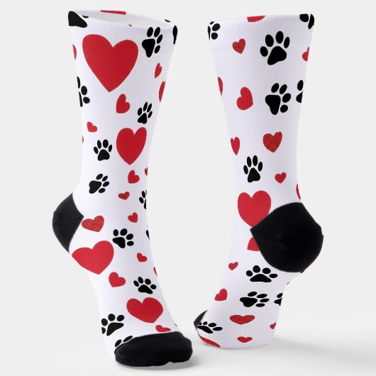 Valentine's Day Paw Prints and Red Hearts Pattern  ソックス (傾斜あり)