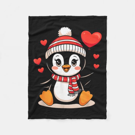 Valentine's Day Penguin Heart Balloon Cute フリースブランケット (正面)