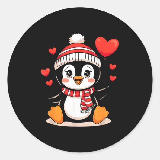 Valentine's Day Penguin Heart Balloon Cute  ラウンドシール (正面)