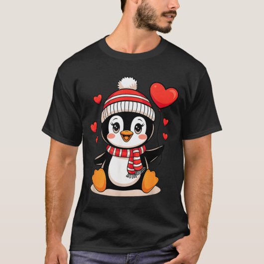 Valentine's Day Penguin Heart Balloon Cute Tシャツ (正面)
