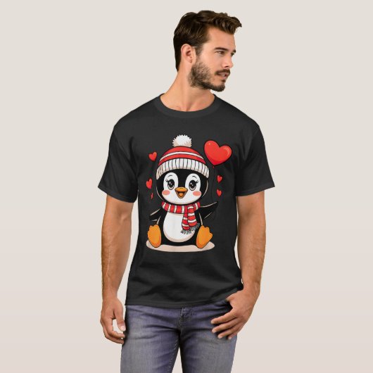 Valentine's Day Penguin Heart Balloon Cute  Tシャツ (正面フル)