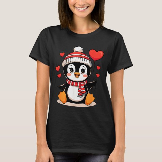Valentine's Day Penguin Heart Balloon Cute Tシャツ (正面)