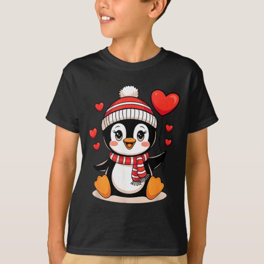 Valentine's Day Penguin Heart Balloon Cute Tシャツ (正面)