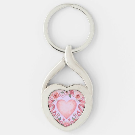 Valentine's Day, Pink Love Heart, Soft Purple Back キーホルダー (正面)