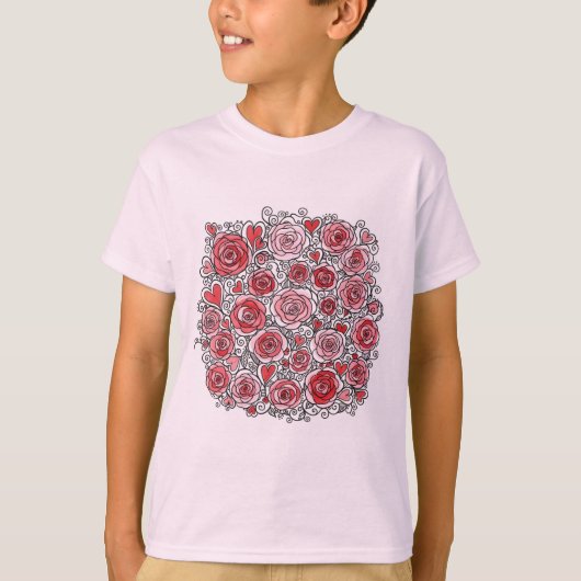 Valentine's Day Pink Red Roses Hearts Doodles Tシャツ (正面)