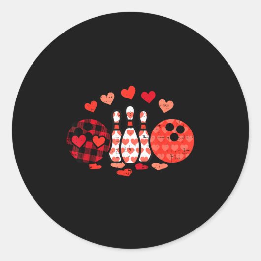 Valentines Day Plaid Bowling Valentine Srts Men Wo ラウンドシール (正面)
