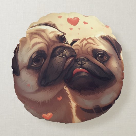 Valentine's Day Pug Love Round Pillow ラウンドクッション (正面)
