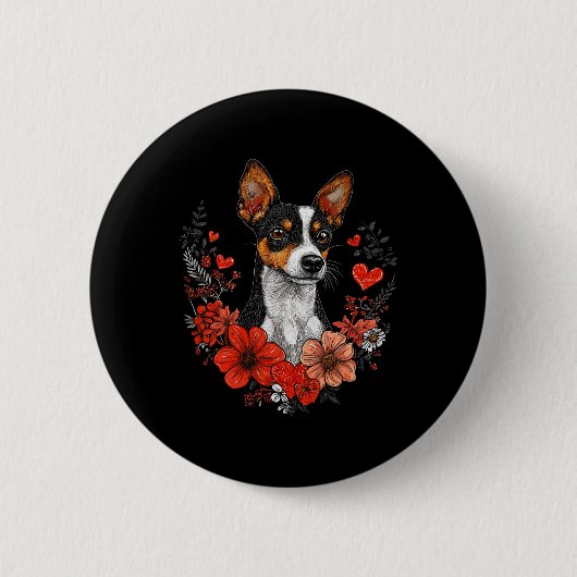 Valentine's Day Rat Terrier Dog  缶バッジ (正面)
