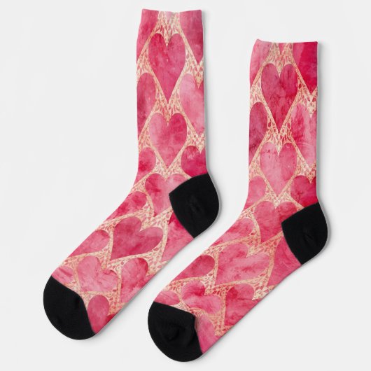 Valentine's Day, Red Pink Love Heart Pattern ソックス (左)