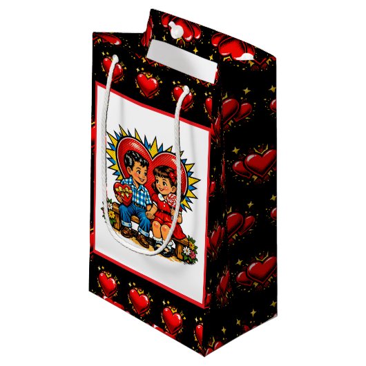 Valentine's Day | Retro Pop Art Boy and Girl スモールペーパーバッグ (正面アングル)