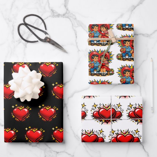 Valentine's Day | Retro Pop Art Boy and Girl ラッピングペーパーシート (正面)