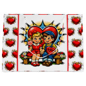 Valentine's Day | Retro Pop Art Boy and Girl ラージペーパーバッグ (正面)