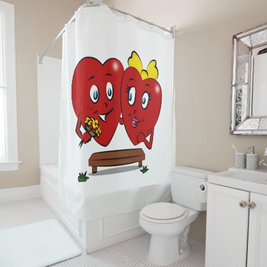 Valentine's Day Shower Curtain, Couple Red Hearts シャワーカーテン (インサイチュ)