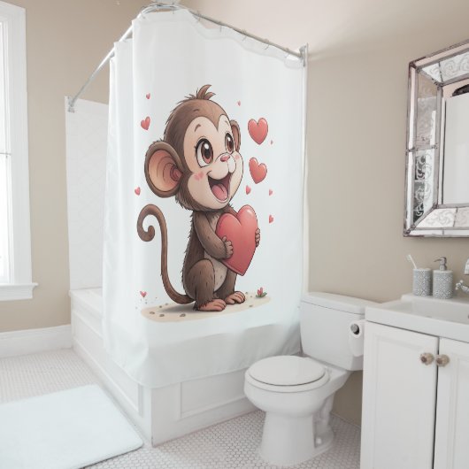 Valentine's Day Shower Curtain, Monkey Red Heart シャワーカーテン (インサイチュ)