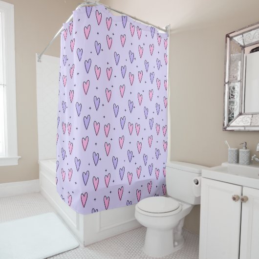 Valentine's Day Shower Curtain, Pink Purple Hearts シャワーカーテン (インサイチュ)