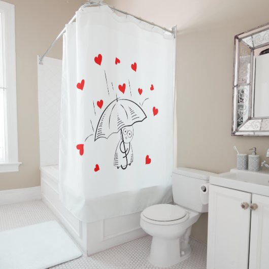Valentine's Day Shower Curtain, Umbrella Red Heart シャワーカーテン (インサイチュ)