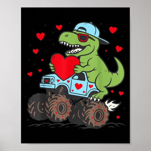 Valentines Day T Rex Riding Monster Truck Funny To ポスター (正面)