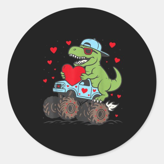 Valentines Day T Rex Riding Monster Truck Funny To ラウンドシール (正面)