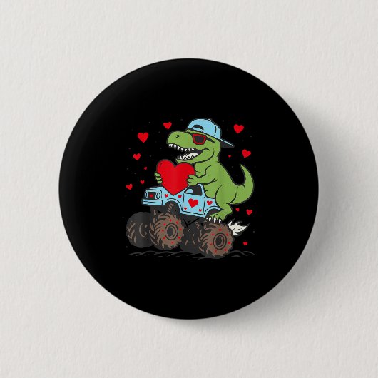 Valentines Day T Rex Riding Monster Truck Funny To 缶バッジ (正面)