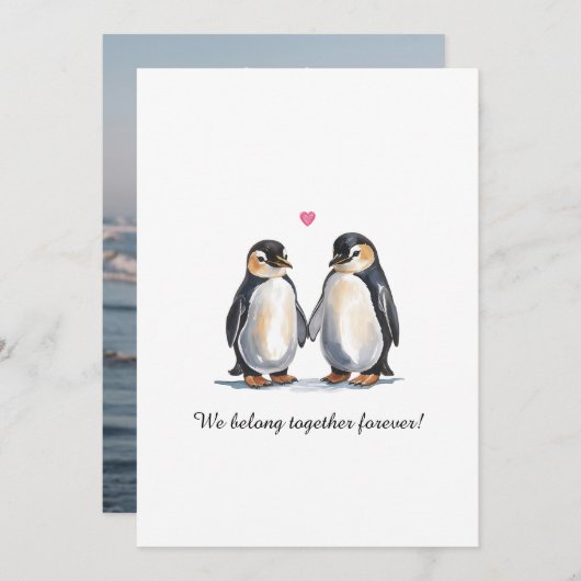 Valentines Day Watercolor Penguins And Photo シーズンカード (正面/裏面)